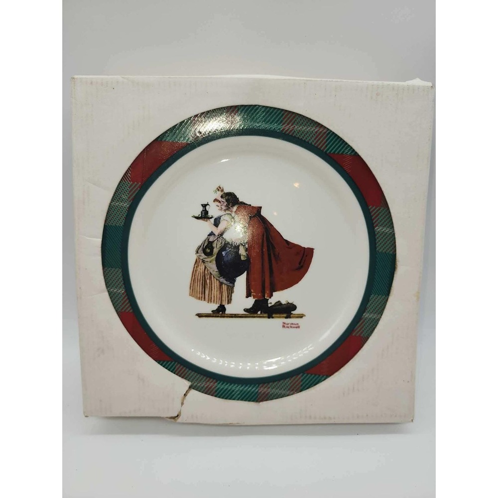 Norman Rockwell Collector Plates Set of 2 Holiday Scenes Plaid Border Porcelain